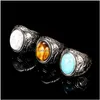 Solitaire Ring Ancient Sier Roestvrij Staal Tijgeroog Turquoise Steen Band Retrol Bloemen Chunky Ringen Voor Mannen Vrouwen Mode-sieraden Dh2Ag