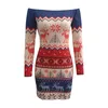 Vestidos casuais roupas femininas moda árvore de natal neve elk impressão jacquard impressão mista fora do ombro mini bodycon