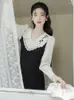 Sukienki swobodne francuski styl hepburnowy czarny dla kobiet Jacquard w wieku róży róży haft róży elegancki vintage sukienki jesienne ubrania pani