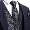 Elegant menss väst siden svart silver pasley blommig klänning kostym maistcoat slips bowtie set ärmlös jacka formell barry wang 240119