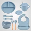 9st Silicone Baby Feeding Table Set Sug Bowl Divided Plate Spoon Fork Bibbs Cup Nonslip Children Dinner Dishes 240131