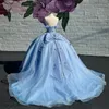 Himmelblaues glänzendes Ballkleid Quinceanera-Kleider aus der Schulter, Applikationen, Spitze, Perlen, Tüll, Korsett, süßes 16. Kleid für 15 Jahre