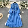 Casual Dresses Bohemian Long For Women O Neck Lantern Sleeve Brodery Holiday Vestidos A-Line Lace-up Autumn Dress Vintage Dropship