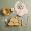 Baby Bamboo Wooden Tableware Set Clouds Dinner Plate Sun Bowl With Silicone Suction Fork Spoon Cup Dinnerware Feeding Gift 240131