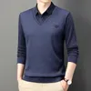 Autumn and Winter Men's Fake Two Piece Long Sleeve Tshirt Polo Collar Stripe Button Solid Casual Formal Bottom Fashion Tops 240119