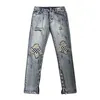 Mäns jeans high street feng shui tvättade hål klistra in tygplädbyxor smala passform liten fot märke tunn elastisk tiggare