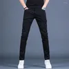 Мужские джинсы, хлопковые облегающие черные мужские однотонные повседневные брюки, эластичные джинсовые брюки на открытом воздухе