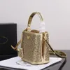 5A Drawstring Fashion Bucket Shoulder Bag Crystal Diamond Metal Sequins Stora kapacitet Klassisk riktig läderdesigner Luxury Bag