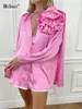 Blouses Femmes Bclout Vintage Rose Floral Chemises Femmes 2024 Élégant Col En V À Lacets Satin Sexy Plissé Fleurs Fête Tops Lâches