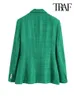 TRAF Women Fashion Double Breasted Tweed Green Blazer Coat Vintage Long Sleeve Flap Pockets Female Outerwear Chic Veste 240202