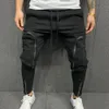 Commercial pants mens solid color drawstring casual multi zipper pockets mens harem pants 240206