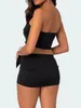 Damen-Trainingsanzüge, Damen-Sommer-Zweiteiliges Rock-Outfit, solides, ärmelloses schulterfreies 3D-Schleifen-Röhrenoberteil und elastisches Taillen-Mini-Set