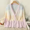 Color-blocked Striped Knit Cardigan Sweater Women Long Sleeve V-neck Knitwear Autumn Winter Vintage Stylish Elegant Jumpers 240202