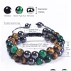 Ketting 10 mm blauwe tijgeroog steen armband dubbellaags kralen gevlochten verstelbare hematiet magneet armbanden polsband manchet voor mannen Jood Dhy1Q