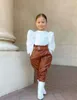 Småbarn Girl Clothes Puff Sleeve Tops Leather Pants 2st Fall Outfits for Girls Fashion Clothing Set 240202