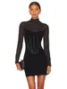 Casual Dresses Summer Fashion Women Sexy Turtleneck Long Sleeve Mesh Black Mini Bodycon Bandage Dress 2024 Elegant Evening Club Party