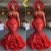 EBI 2024 Aso Illusione Red Mermaid Prom Dress Tiers Vintage Sexy Evening Formale Formale Secondo ricevimento Accogliente abiti da fidanzamento
