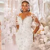 Lussuosi strass pizzo abiti da sposa a sirena per ragazze nere africane maniche lunghe o-collo plus size abiti da sposa slim e svasati sposa abiti da sposa CL3289