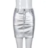 Skirts Sexy Fit Stretch PU Leather Shiny Short Skirt Metallic Silver Zipper Mini Faux