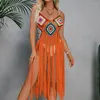 Roupa de banho feminina sexy maiô quimono franjas praia outfits suspender midi vestido artesanal crochê biquíni cobrir roupas