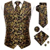 HiTie Luxe Zijden Heren Vesten Zwart Goud Bloemen Jacquard Vest Stropdas Hanky Manchetknopen Broche Set voor Mannen Pak Bruiloft Kantoor XL 240119