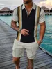 Mens Shorts Set Sleeve Zip Polo Shirt Street Tshirt Two Piece Casual Sportswear Ropa Hombre 240119