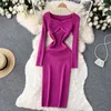 Casual Kleider Herbst Winter Frauen Langarm Gestrickte Midi Kleid Schatz Hals Geraffte Vorder Cut Out Sexy Nacht Bodycon