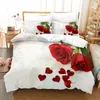 Комплекты постельного белья с красными розами, комплект пододеяльников Queen King, полный 3D цветочный узор с наволочкой для односпальной двуспальной кровати, подарок на День Святого Валентина