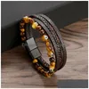 Chain Retro Tiger Eye Natural Stone Beads Leather Bracelet Beaded Mti-Layer Wrap Bracelets Bangle Cuff Wristband For Men Hiphop Jewe Dhzsm