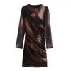 Casual Dresses TRAF Tienda Woman Fashion Tie Dye Silk Screen Printed Dress Slim O Neck Long Sleeve Midi Vestidos