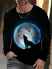 Vintage masculino manga longa tshirt 3d impressão camisas moda animal lobo gráficos curto masculino oversized streetwear topos t 240130