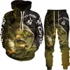 Tute da uomo Autunno Inverno Camo Pesca Caccia Tuta da campeggio Set di abbigliamento sportivo di moda Felpe con cappuccio stampate in 3D Pantaloni Abbigliamento da esterno