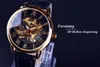 Forsining 3d дизайн полая гравировка черный золотой корпус кожаный скелетон механические часы мужские люксовый бренд Heren Horloge 240129