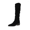 Boots Elegant Women Autumn Winter V Mouth Retro Slim Knee Length Boot Pleated Thick Heel Suede Long Western Knight