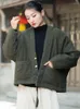 Women's Trench Coats Johnature Women Vintage Linen Parkas V-Neck Solid Color Long Sleeve Loose 2024 Winter Pockets Chinese Style