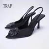 TRAF Black Women Pumps Shoes Fashion Rhinestone High Heels Female Sandals Stiletto مدببة بأصابع القدم الزفاف أحذية الزفاف سيدة 240118