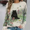 Damen-T-Shirts, Anime-Katzen-Muster, Hemd für Damen, Herbst, Rundhalsausschnitt, Pullover, lässig, langärmelig, Tops, weiblich, übergroß, täglich, Damenbekleidung