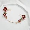Pinzas para el cabello Retro rojo esmalte flor Bridel banda Color dorado hoja tocado vid perla accesorios de boda joyería