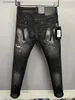 Jeans masculinos nova letra de design reto DSQ COOLGUY JEANS Mens preto spray pintura buraco moda estilo magro lápis calças jeans para marido 9862 T240205