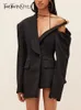 TWOTWINSTYLE Individualiteit Blazers Vrouwen Revers Lange Mouw Off Schouder Patchwork Knop Effen Blazer Vrouwelijke Lente Stijl 240202