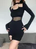 Casual Jurken Darlingaga Asymmetrische Mode Bodycon Halter Zwarte Jurk Mini Gothic Kanten Mesh Gesplitst Club Sexy Dames Gewaad