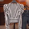 Spring Autumn Vneck Striped Printed Waist Plush Shirt Lady Puff Long Sleeve Casual Fashion Top Women Slim Allmatch Coat Jacket 240202