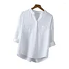 여성용 블라우스면 흰 셔츠 탑 탑 Mujer Office Long Sleeve 한국인 느슨한 캐주얼 수직 V- 넥 셔츠 탑 Blusas de