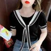 T-shirts pour femmes Sweet Elegan Tempérament Blouses à manches courtes Vintage All-Match Printemps Automne Pulls pour femmes Ice Soie Laçage Coréen