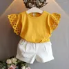 Clothing Sets 2024 Summer Girls Set Hollow Out T-shirt Short Sleeve Top Shorts 2pcs Suit Baby Clothes Korean Brand Costume A233