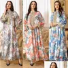 Vêtements ethniques 2024 Printemps Modeste Floral Imprimé Arabe Dubaï Robes Moyen-Orient Femmes Musulman Robe À Manches Longues Dentelle Applique Eve Otgja