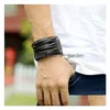 Bangle Brede Weae Gevlochten Lederen Manchet Mtilayer Wrap Knop Verstelbare Armband Polsband Voor Mannen Vrouwen Mode-sieraden Zwart Drop Deliv Dhnpw