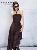 Casual Dresses CHEERART Vintage Plaid Backless Strapless Long Dress For Women 2024 Halter Neck Asymmetrical A Line Wrap Clothing