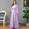 Roupas étnicas Marroquino 2 Peça Abaya Set Jilbabs para Mulher Chic Roxo Chiffon Lace Fita Cinto Vestido Árabe Ramadan Musulmane Caftan