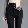 Termal Kış Kalın Polar Highwaist Sıcak Skinny Jeans Kadınlar Streç Düğmesi Kalem Pantolon Anne Günlük Kadife 240127